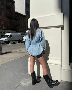 STEVEMADDEN ELASTIC BACK DENIM SHIRT DENIM FABRIC