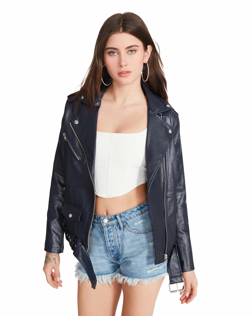 SteveMadden VEGAN LEATHER JACKET NAVY