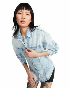 STEVEMADDEN ELASTIC BACK DENIM SHIRT DENIM FABRIC