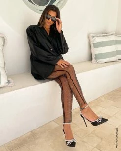 SteveMadden Women's Clothing MESH RHINESTONE PANTS BLACK